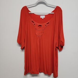 Joseph A. Modal Top Blouse Size 3X Orange 1/2 Sleeve Stretchy Embroidered Neck